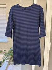Uniqlo Navy Blue & Black Striped Shirt Dress Thick Oversized With Pockets Sz XS