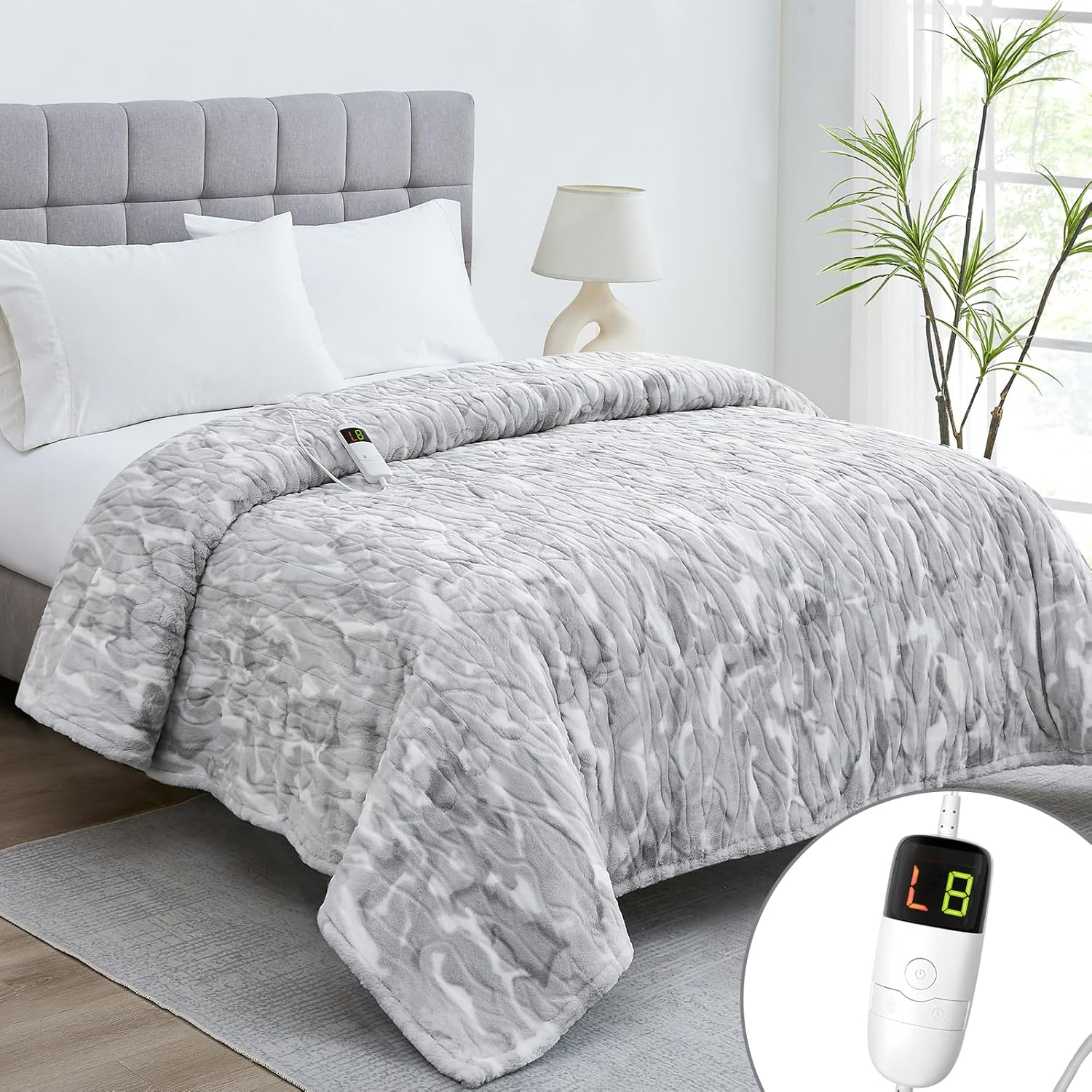 Heated Electric Blanket Throw, Soft Faux Rabbit Fur Heating Blanket with 10 Heat