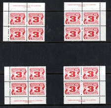 Canada Stamp Scott #J30, 3c, Postage Due, 4 Corner Blocks, MNH, SCV$4.00
