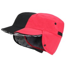 Mens Faux Fur Baseball Cap Winter Warm Hat with Brim Warm Earflaps Windproof Hat