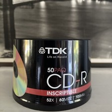 TDK CD-R: 50- Pack Inscriptable Recordable 52x, 700 MB, 80min NEW SEALED