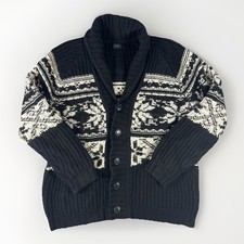 J.Crew Cardigan Sweater Mens Size M Black White Shawl Collar Isle Lambs Wool