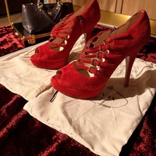 Prada Red Suede Multi Strap Platform Peep Toe Heels Size 7 Gold Hardware Italy