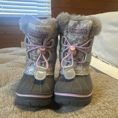 Magellan Outdoors Girls' Glitter Fur Trim Lined Gray Pink Mid-Calf Snow Boots