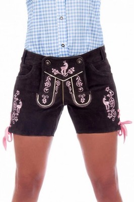 Edelnice Traditional Brown Suede Leather Lederhosen Shorts Pink Embroidery 38
