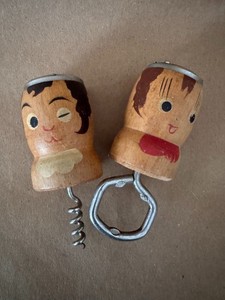 VTG MCM Wood Salt and Pepper Shakers Corkscrew and Bottle Opener