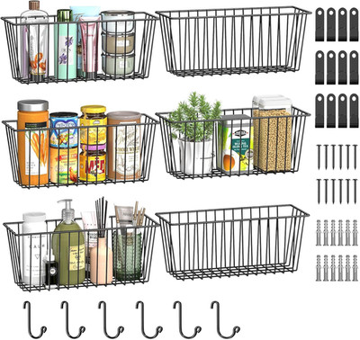 Simple Trending 6 Pack Wire Basket Wall Mount Baskets Hanging Baskets, Cabinets
