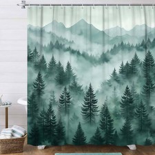 69x70 Inch Green Misty Forest Shower Curtain Woodland Tree Rustic Fabric