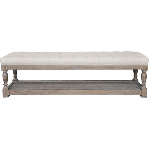 Pemberly Row Contemporary 17" Wood Bench in Antique White & Linen - Picture 2 of 4