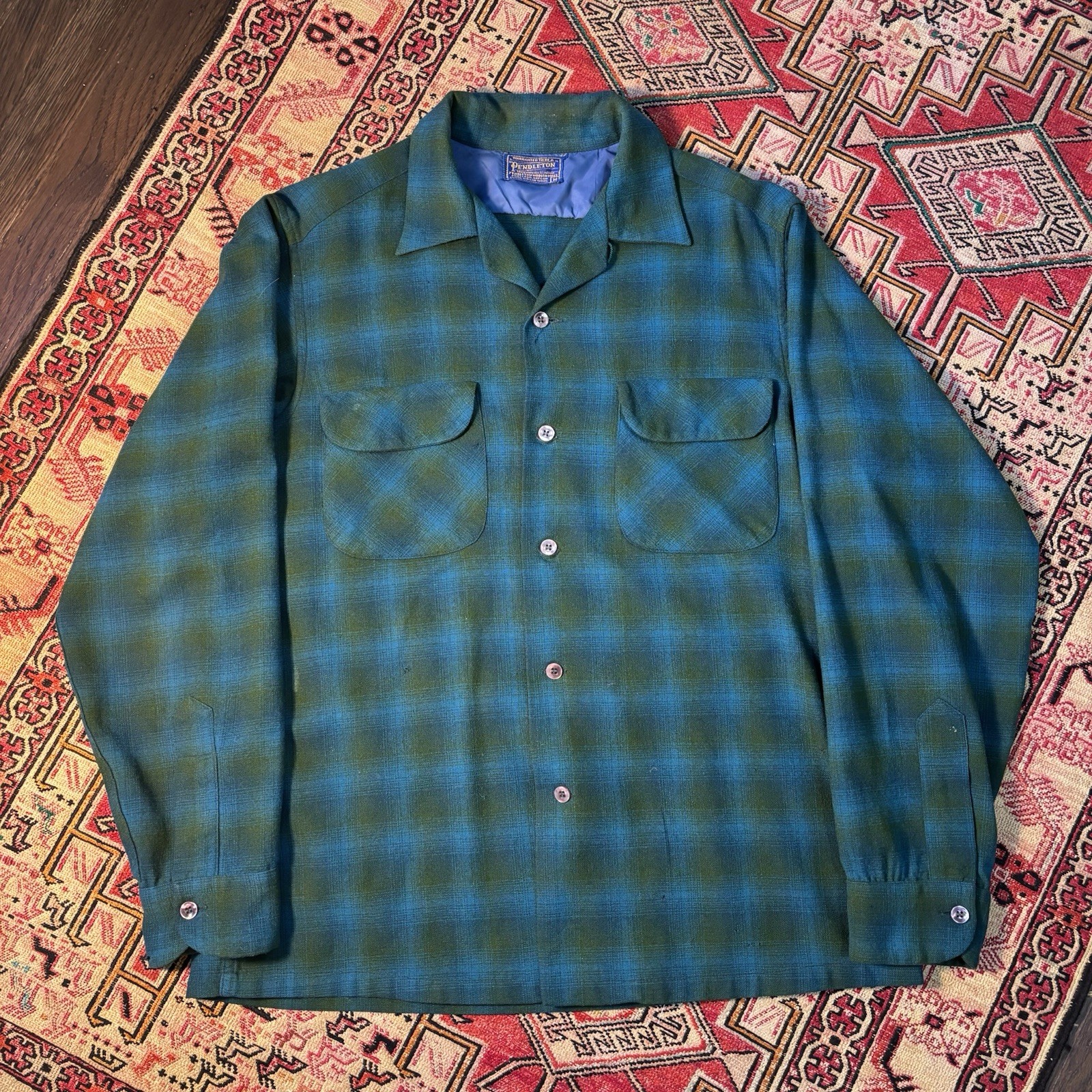 Vintage Pendleton Loop Collar Green Shadow Print … - image 1