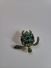 Gold Tone Sea Turtle Brooch Blue Green Rhinestone Crystal Figural Animal Pin