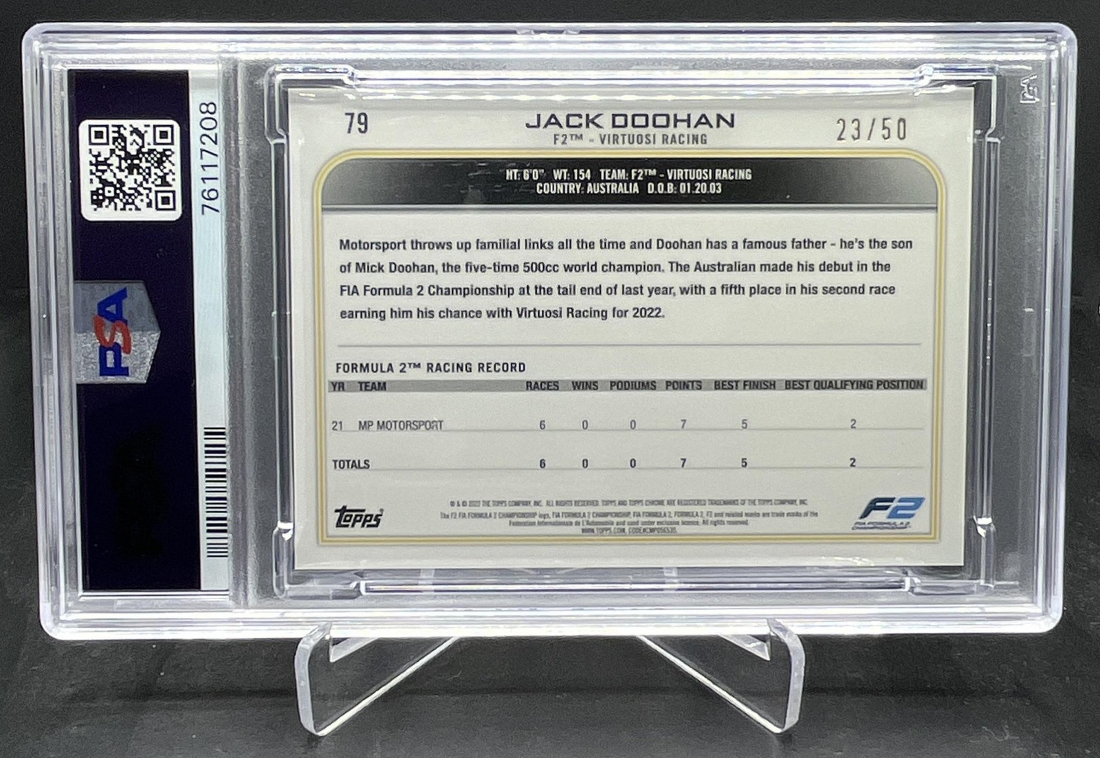 2022 Topps Chrome Sapphire F1 Jack Doohan Future Stars Gold 23/50 PSA 9 #79 view 2
