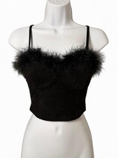 Whimseygoth Clean Grunge Feather Trim Corset Crop Top Y2K Glam Coquette Noir