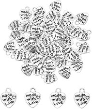 100 Pcs Made with Love Charms Silver Mini Heart Shape Beads for DIY Necklace Bra