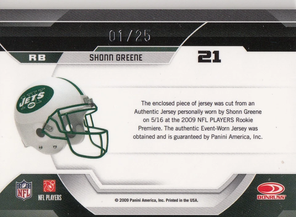 2009 Certified Potential Gold SHONN GREENE RC Patch Jersey 01/25 Iowa/Jets - Image 2 of 2