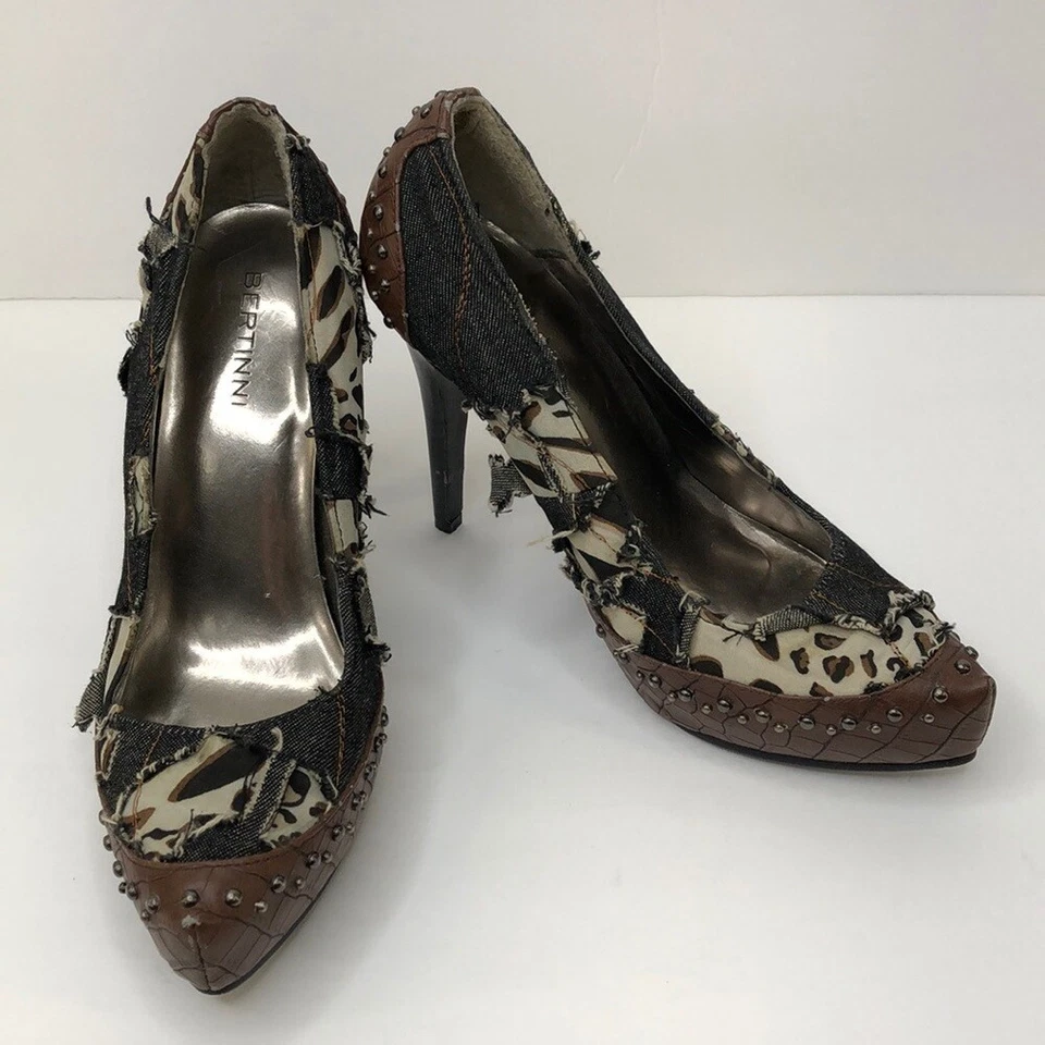 女式棕色 Bertinni 牛仔和豹纹高跟鞋,7 码 — 第 2/4 张图片