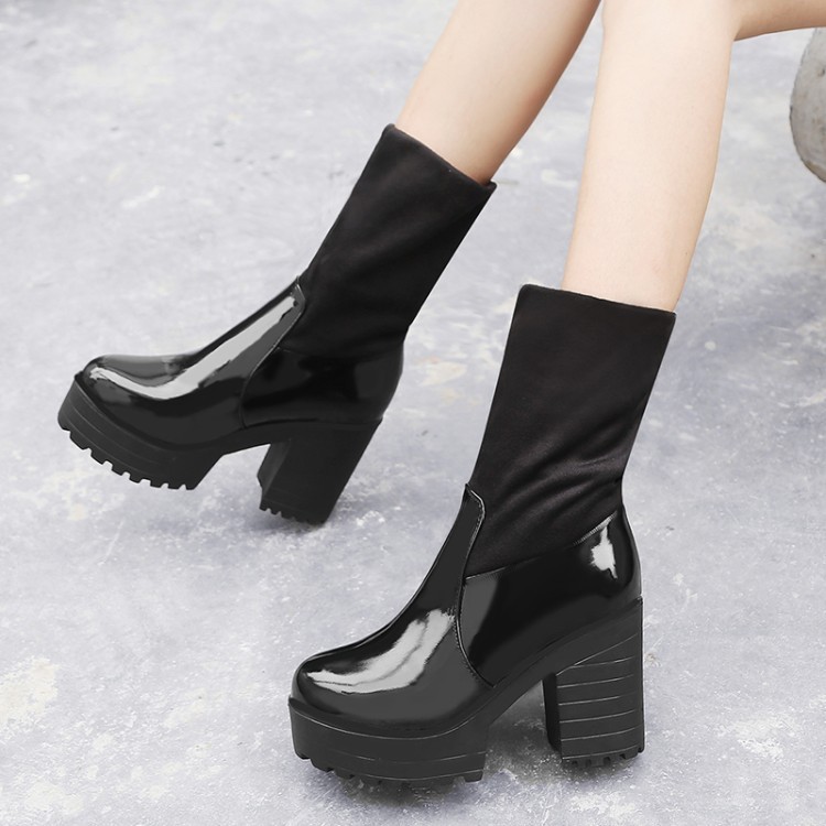 Women Patent leather Motorcycle shoes Block High Heel Combat Riding Boots Women Patent leather Motorcycle shoes Block High Heel Combat Riding Boots