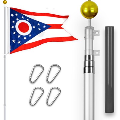 Combo: 16Ft Telescoping Flagpole Silver & Ohio OH State Flag 3x5Ft Emb Spun Poly