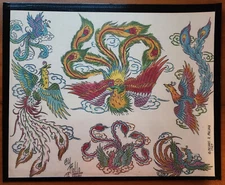 RARE 1989 Mike Rollo Malone Vintage Tattoo Flash Sheet Hawaii Phoenix 11X14