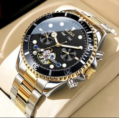 OLEVS Automatik Mechanische Herrenuhr großes Zifferblatt Skelett Hohles Datum Schwarz & Gold