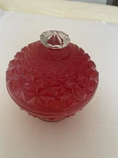 Reverse Painted Red Mid Century Indiana Glass Covered Candy Dish
