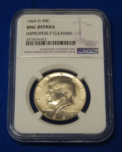 1969 D Kennedy Half Dollar (40% silver) UNC Details NGC Improperly Cleaned