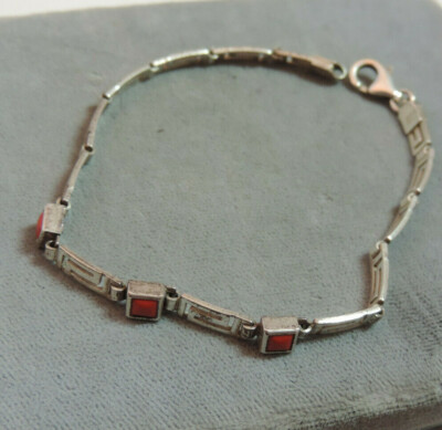 Bracelet En Jaspe Rouge Avec Liens Argent Sterling - Design Clé Grecque Vintage