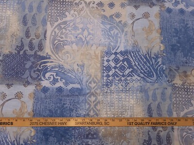 Covington TALIA HARBOR Blue White Beige Patchwork Designer Drapery Uph Fabric