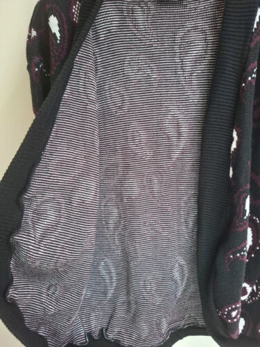 Vintage Open Front Cardigan Paisley Black Burgundy Chunky Knit One Size - Picture 6 of 7