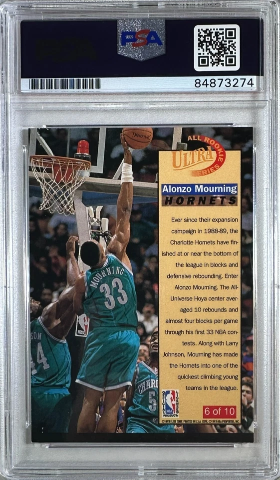 Alonzo Mourning auto 1993 Fleer RC GEM Mint 10 Charlotte Hornets PSA Encap - Image 2 of 3