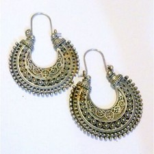 Vintage Boho Inspired Silver Tone Filigree Hoop Earrings