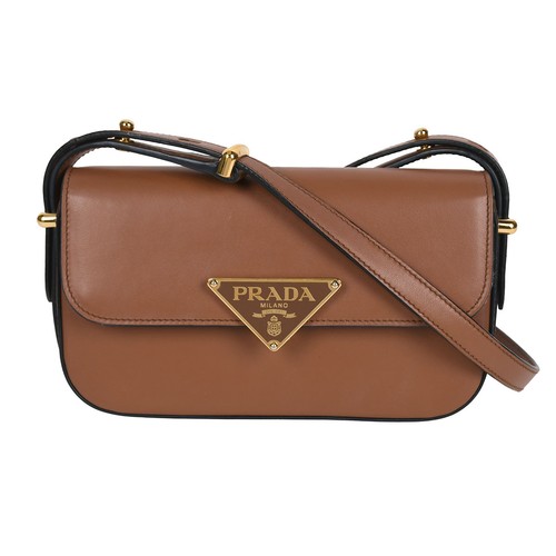 Prada Triangle Logo Leather Emblème Brown Flap Shoulder Bag Crossbody 1BD339