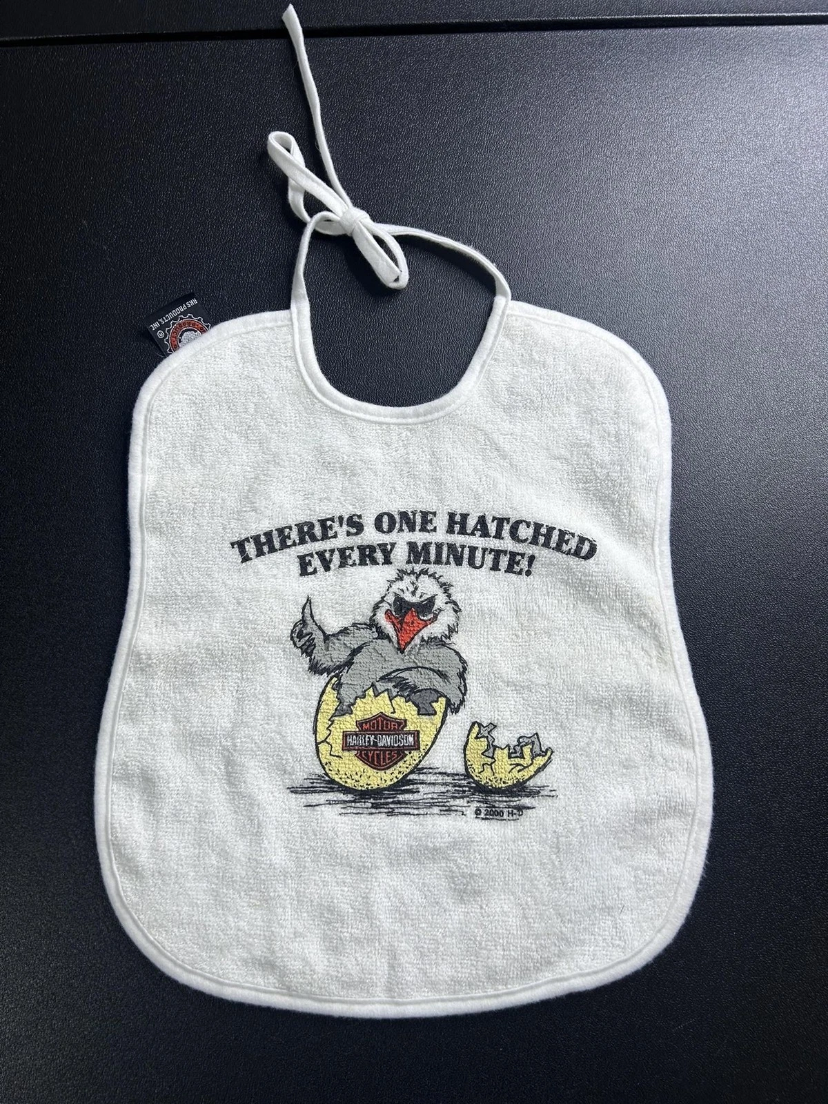 Vintage Harley-Davidson Baby Bib There's One Hatched Every Minute 2000 White
