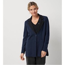 Jason Wu Navy Blue Knit Blazer Jacket Black Trim Career Office Small S