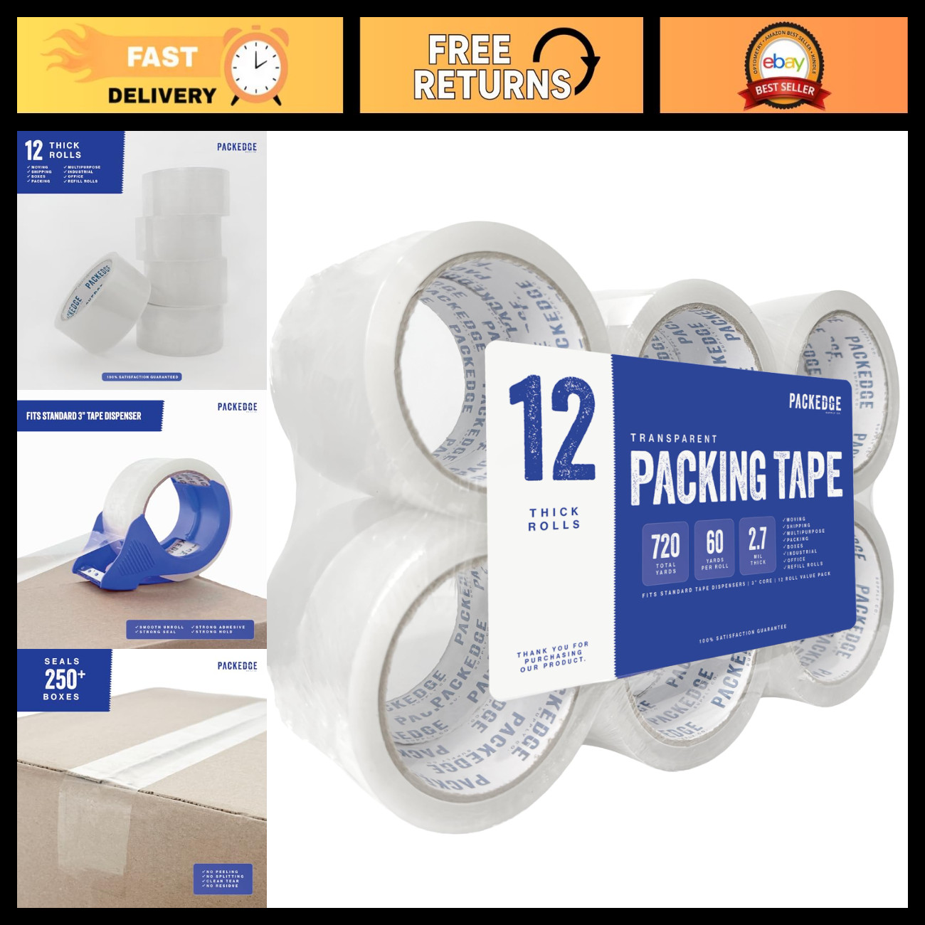 Heavy Duty Clear Packing Tape - 12 Rolls, 1.88" x 60 Yards, Strong Adhesive