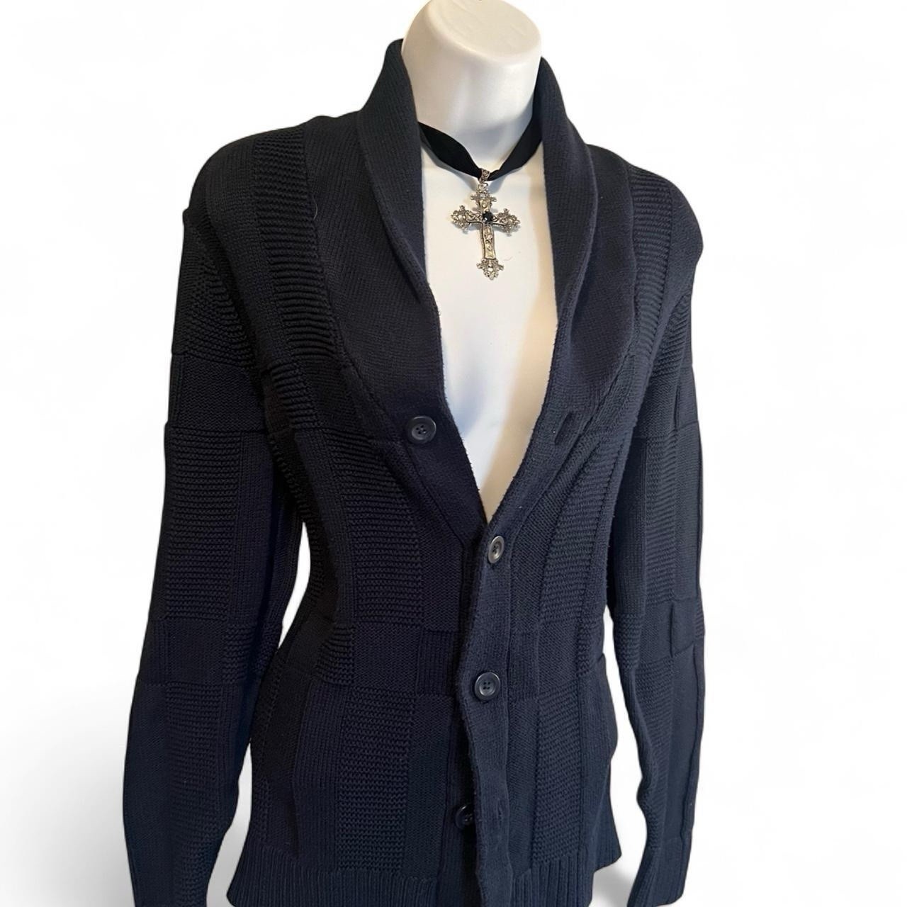 Express Black Patchwork Knit Button Cardigan Swea… - image 1