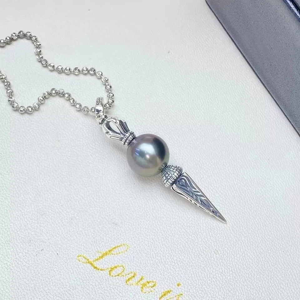 charming 10-11mm tahitian round black green pearl pendant 925s - Image 3 of 4