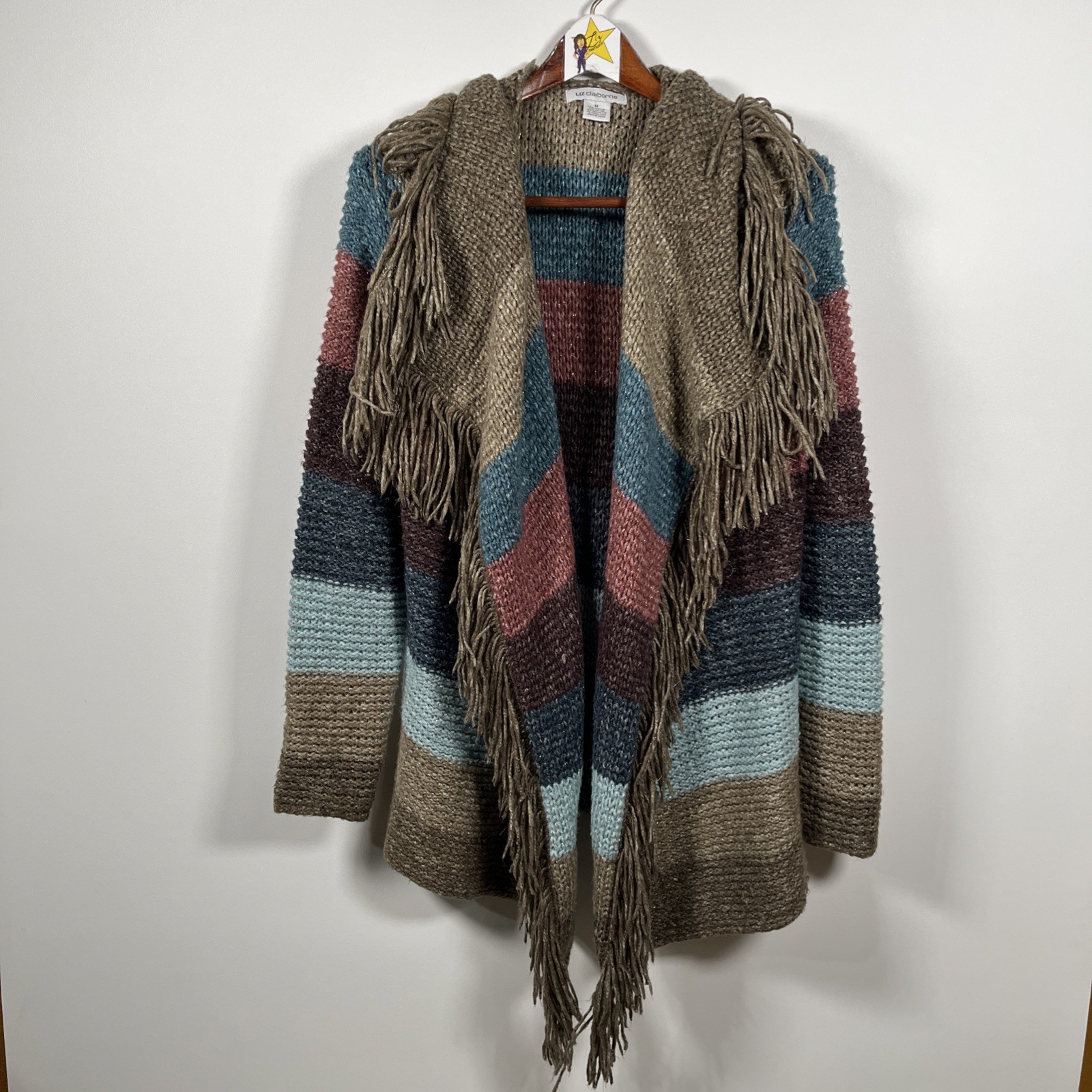 Open Front Waterfall Cardigan Chunky Knit Fringe Duster  Colorful Festival Boho