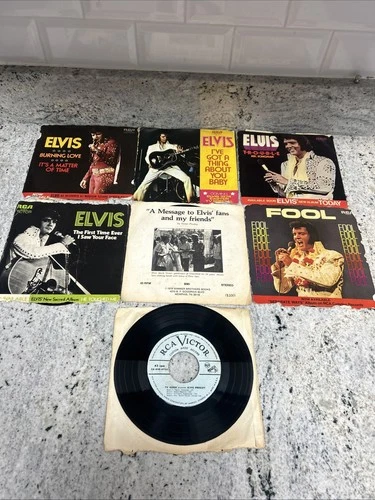VINTAGE 1950s-70s ELVIS PRESLEY 45rpm PICTURE SLEEVES W/Vinyl Lot Of 7, VG-G🔥🔥