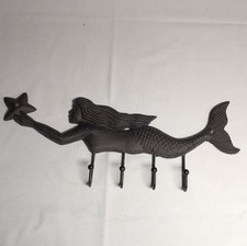 Brown Cast Iron Mermaid Wall Hook Rack 4 Hooks Rustic Nautical Matte Finish