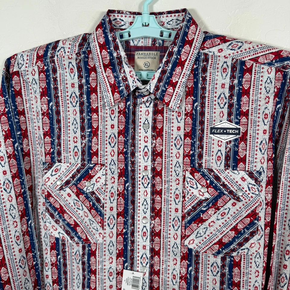 Panhandle Slim Shirt Mens XL Red White Blue Pearl Snap Western Aztec Rough Stock - Image 2 of 4