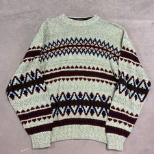 Vintage Abstract Knitted Jumper Patterned Grandad Chunky Knit Sweater Men's L