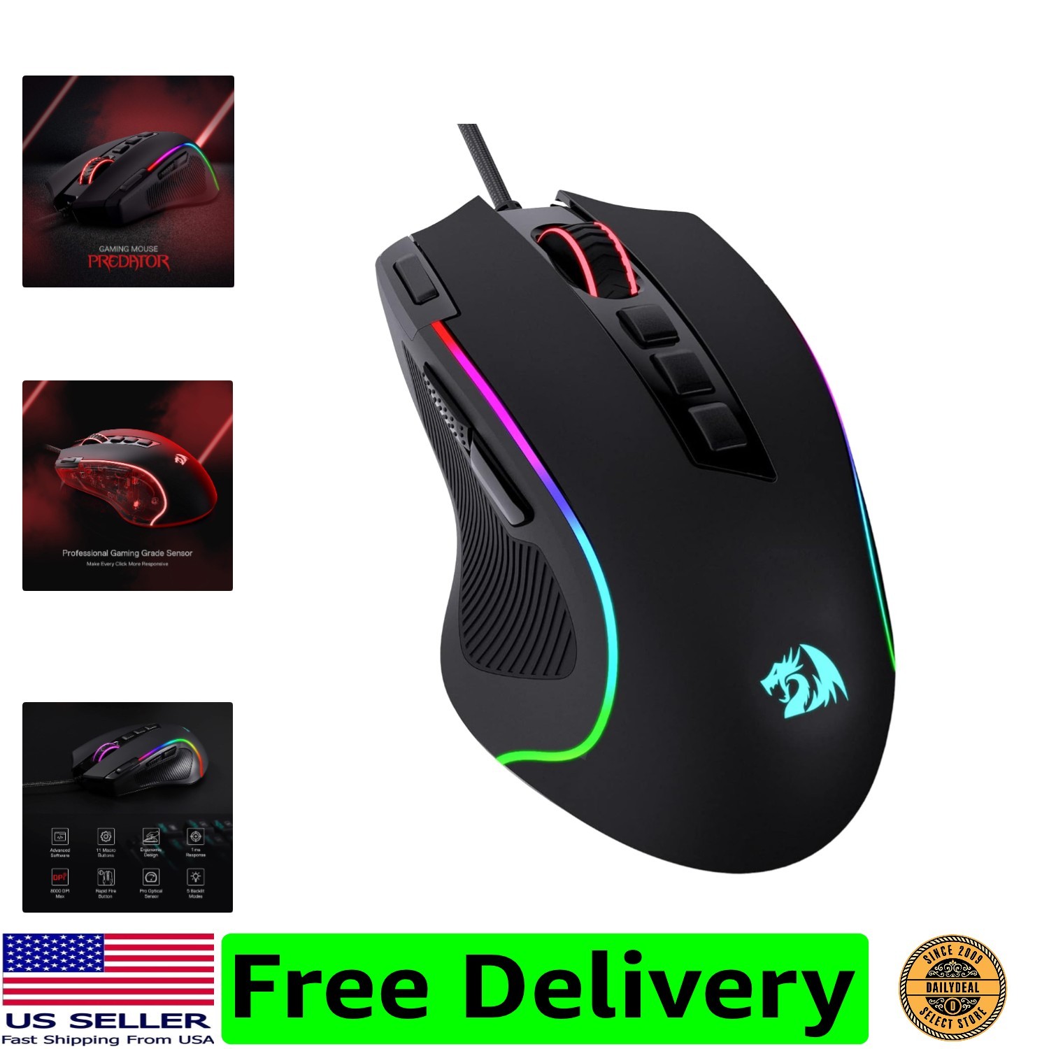 Precision M612 Predator RGB Gaming Mouse: 8000 DPI & Rapid Fire Functionality