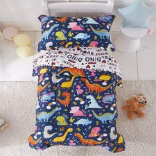 4 Piece Toddler Bedding Set, Standard Size Colorful Dinosaur Printed on Navy,...