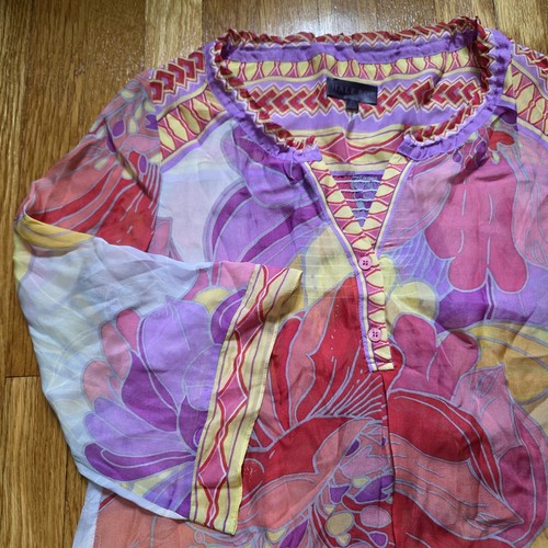 Hale Bob Silk Print Boho-Chic Bell Cuff Colorful Retro Peasant Blouse Size XS - Picture 2 of 8