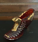 Fenton Ruby Amberina Cat Head Shoe Hand Painted Gold Accents Signed Randy Fenton