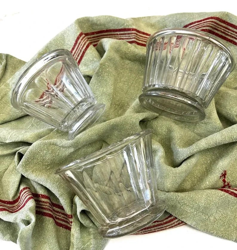 3 Vintage French Jelly Jars Tapering Sides Faceted Glass for 'Confiture'