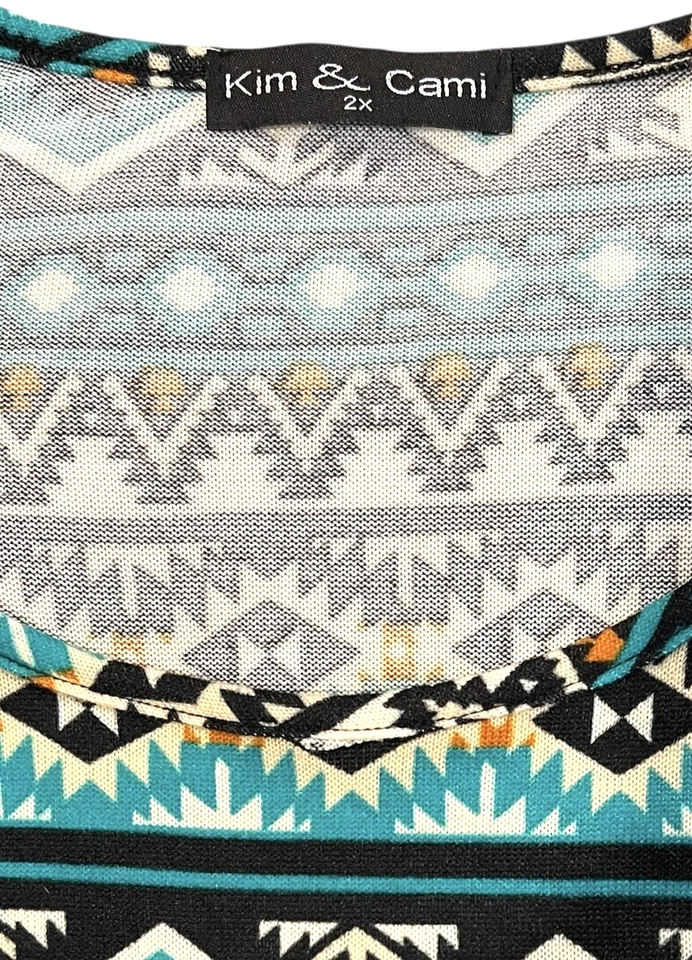 Top Kim Cami Talla 2X Turquesa Naranja Estampado Azteca Cuello Barco Manga 3/4 Túnica Foto 3 de 4