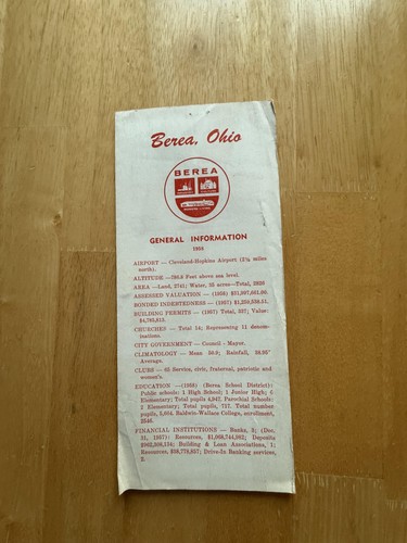 Vintage 1958 Berea Ohio General Information Travel Brochure Chamber Of Commerce