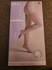 Silk Impressions Shimmer Sheer Hose. 2 Pair. 20 Denier. Soft Silver. Size Medium